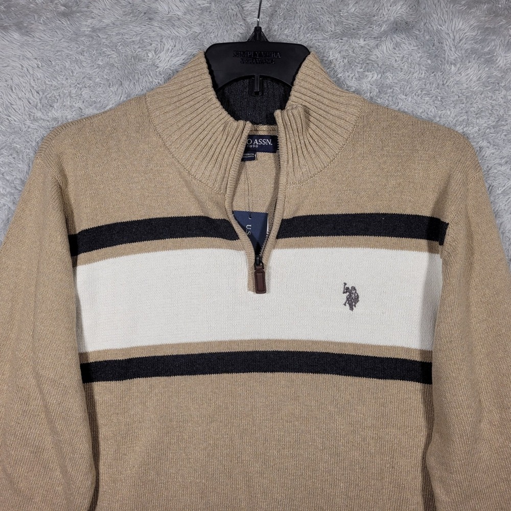 U.S. Polo Assn 1/4 Zip Sweater Mens Large Tan Camel Mock Neck Ribbed NWT